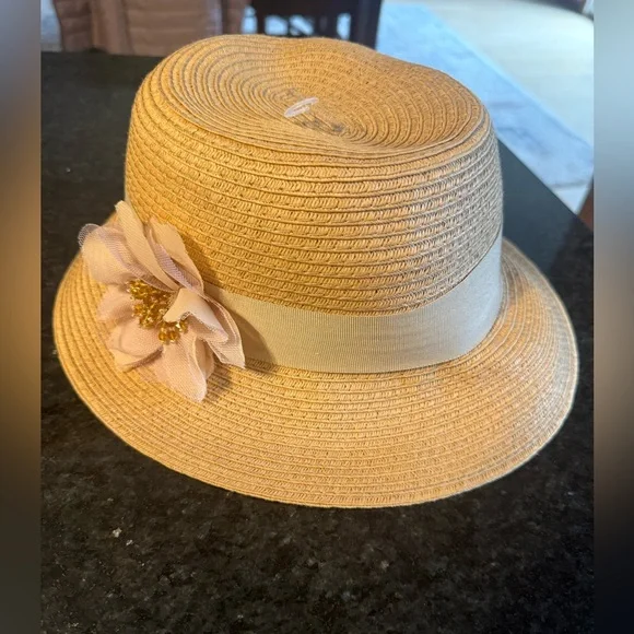 August Hat Company Straw Sun Hat with Beige Band and Floral Beaded Accent OS - Picture 2 of 10